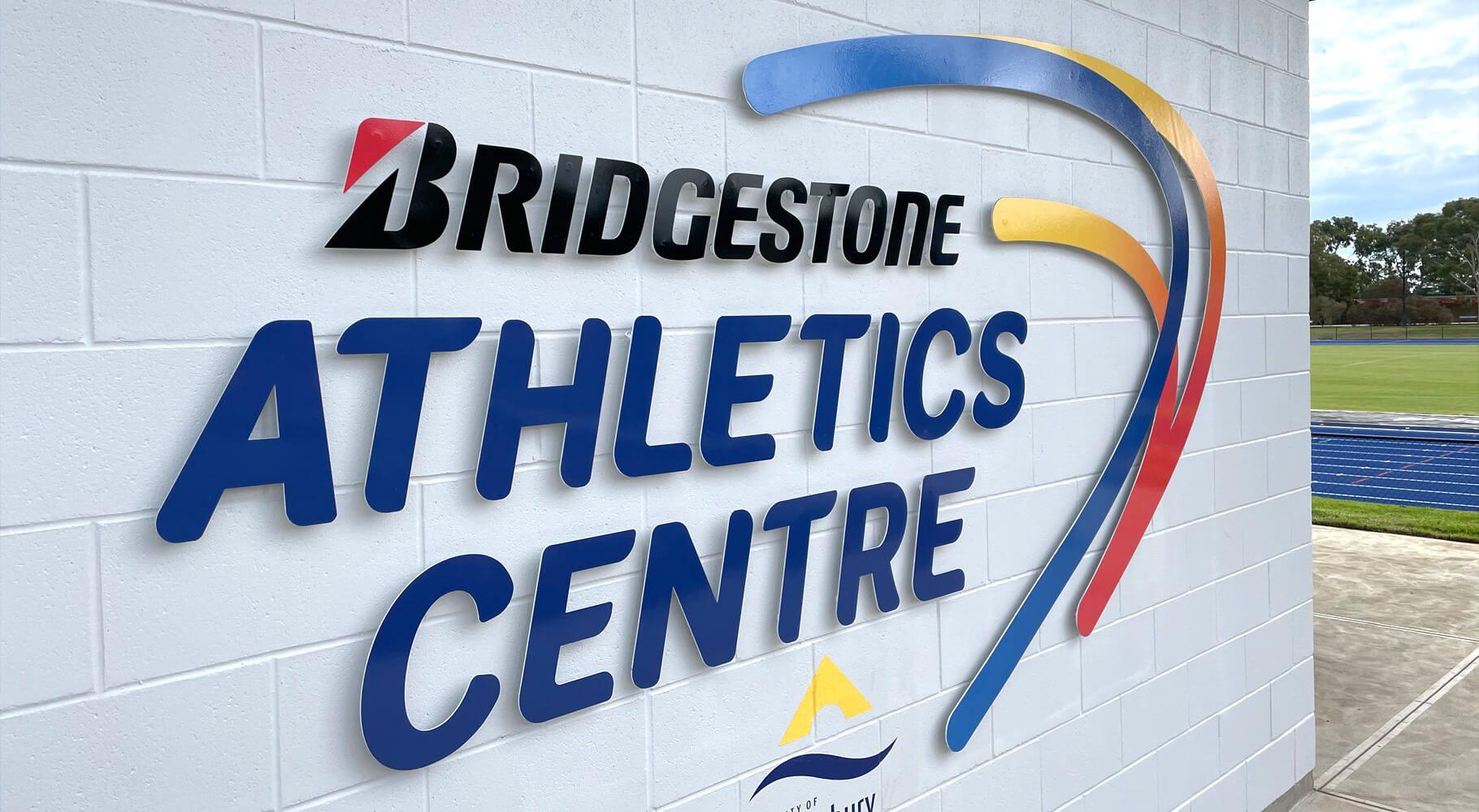 Bridgestone Athletics Centre sign closeup